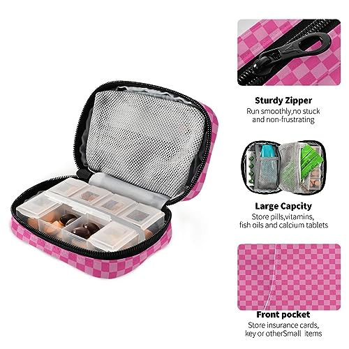 Pink Checkered Travel Pill Organizer Case 7 Day Pill Box Holder Large Daily Medicine Organizer for Vitamins Medication Fish Oil Supplements