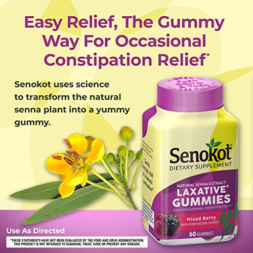 Senokot Dietary Supplement Laxative Gummies, Natural Senna Extract, Gentle, Overnight Relief from Occasional Constipation, Mixed Berry Flavor, 60 Count.