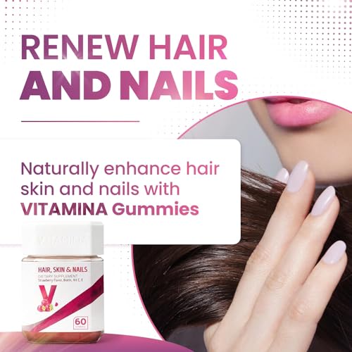 V ITAMINA Hair Skin and Nails Gummies - Nail Growth Treatment, Hair Vitamins for Hair Loss for Women with Biotin, Vitamin C&E - 60 Count, 1 Month Supply