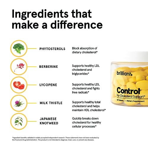 Brilliant Control™ Dietary Supplement for Cholesterol Support – Formulated with Phytosterols, Berberine, Milk Thistle, Lycopene – Vegan & Gluten Free (90 Tablets)