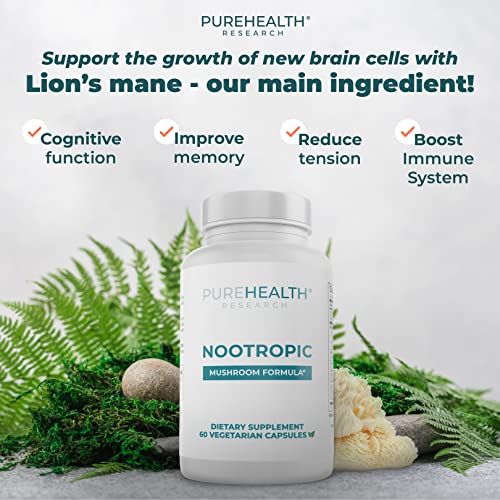 Nootropics Brain Memory and Focus Supplement - Lions Mane, Shiitake, Chaga, Reishi Mushrooms Powder - Improve Cognitive Health with Bacopa Monnieri and Gingko Biloba Extract , 60 Capsules