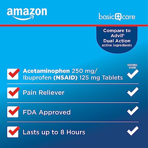 Amazon Basic Care Dual Action Acetaminophen 250 mg and Ibuprofen (NSAID) 125 mg Tablets, Pain Reliever for Headache Relief, Arthritis Pain Relief and More, 216 Count