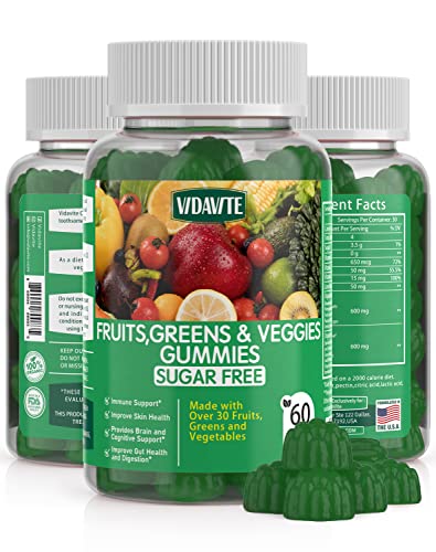 VIDAVITE Sugar-Free Fruit and Veggie Gummies — 35+ Greens, Fruit and Vegetable Vitamins to Boost Immunity, Skin & Gut Health — Ideal Fruit and Vegetable Supplement for Adults & Kids (60 Gummies)