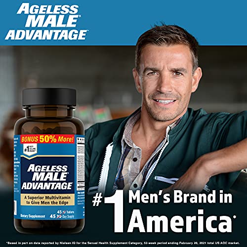 Ageless Male Advantage Premium Once a Day Multivitamin for Men 50 Plus, Plus Brain and Cholesterol Care, Vitamins A C D K B1 B2 B3 B6 B12 Zinc & Extra Defense Blend - 45 Tablets