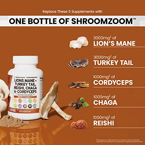 Lions Mane 3000mg 20in1 Mushroom Supplement with Turkey Tail 2000mg Reishi 1000mg Cordyceps Chaga Maitake Meshima Poria Cocos Shiitake Oyster Porcini Enoki Cognitive, Energy, Focus Pills USA