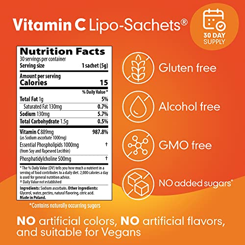 Lipo-Sachets Liposomal Vitamin C 1000mg - 30 Liquid Vitamin C Packets of Strong High Absorption Liposomal Vitamin C Gel. Efficient Vit C Delivery. No Added Sugar Vitamin C Liposomal For Immune Support