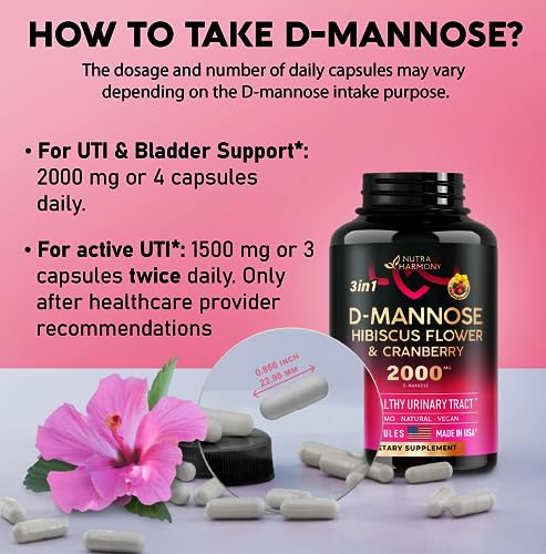 D-Mannose Capsules with Cranberry & Hibiscus Flower - 2000mg, 3-in-1 Urinary Tract Health Supplement - Made in USA - for Women & Men - Bladder, Liver, Digestive Support - Vegan, Natural, 120 Pills