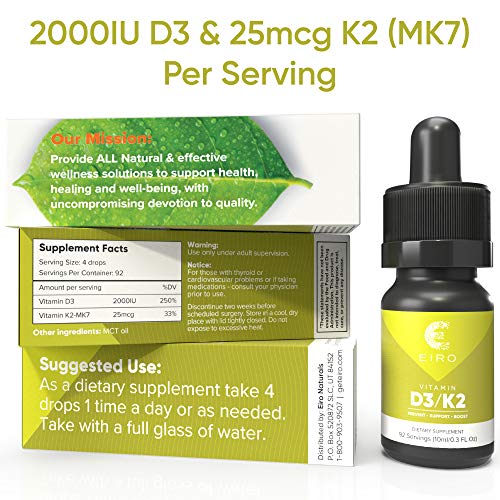 Eiro Vitamin D3 + K2 (MK7) │ D3 2000UI + K2 25mcg Per Serving │ Liquid Drop Supplement for Superior Absorption │Prevent • Support • Boost│