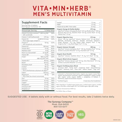 PURE SYNERGY Vita·Min·Herb for Men | Men’s Comprehensive Multivitamin Supplement | Made with Organic Whole Food Non-GMO Ingredients | Daily Energy & Immune Support (120 Tablets)