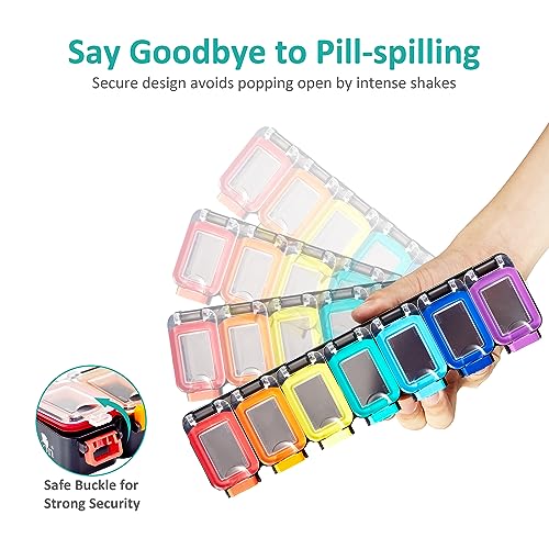 Fullicon Weekly Pill Organizer 7 Day Ultra Moisture and Spill Proof Daily Pill Box, Large Medicine Case with Secure Buckle, Compact Travel Pill Container for Pill, Vitamin, & Fish Oil (Rainbow Black)