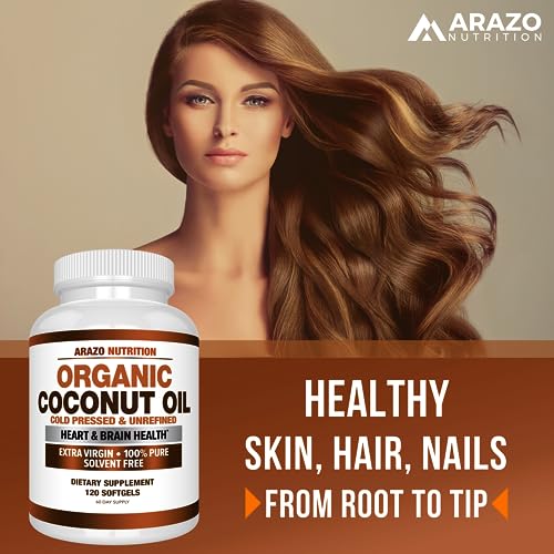 Arazo Nutrition Organic Coconut Oil 2000 MG - 100% Extra Virgin Unrefined Cold Pressed for Weight Support, Skin, Hair, Nails - 120 Softgel Capsules