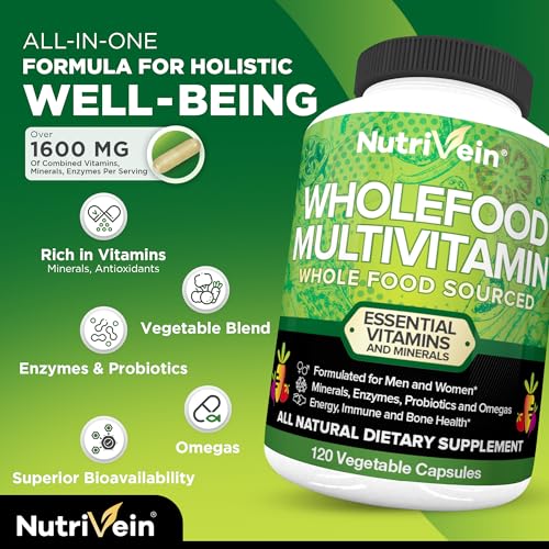 Nutrivein Whole Food Multivitamin - Complete Daily Vitamins for Men and Women from Natural Whole Foods, Real Raw Veggies, Fruits, Vitamin E, A, B Complex - 30 Day Supply (120 Capsules, Four Daily)