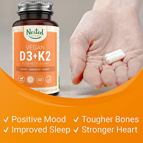 Nested Naturals – Vitamin D3+K2 | Supports a Healthy Immune System, Heart, & Strong Bones | 100% Vegan & Non GMO | 5000 IU Vitamin D3 from Lichen with 100 mcg Vitamin K2 MK-7-60 D3K2 Capsules