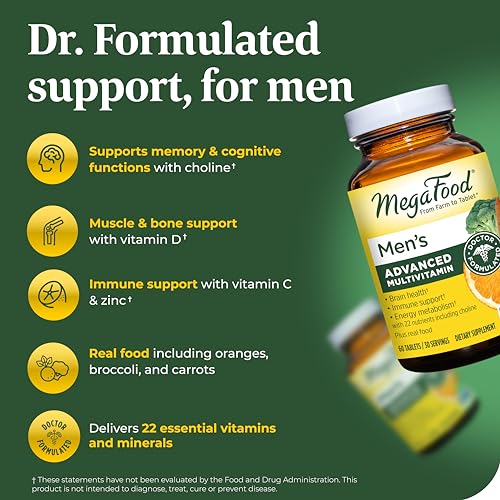 MegaFood Men's Advanced Multivitamin for Men - Doctor -Formulated - Choline, Vitamin B12, Vitamin D, Vitamin C & Zinc - Brain Health & Immune Support - Non-GMO - Vegetarian - 120 Tabs (60 Servings)