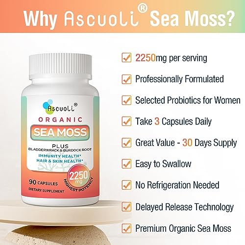 Ascuoli Organic Sea Moss 2250mg, Seamoss, Bladderwrack & Burdock Root, Sea Moss Capsules, Wild Irish Sea Moss for Immune Health, Mood Booster, Thyroid, Skin, Nails & Joint Health - 90 Vegan Capsules