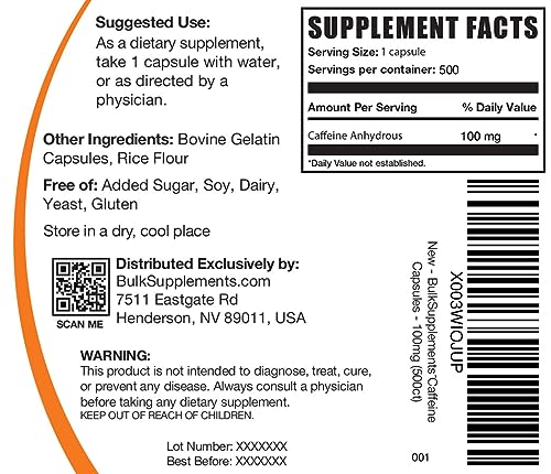 BULKSUPPLEMENTS.COM Caffeine Capsules - Caffeine Supplements, Caffeine Pills 100mg - Caffeine Capsule, Stay Awake Caffeine Pills - 1 Capsule per Servings, 500-Day Supply, 500 Capsules