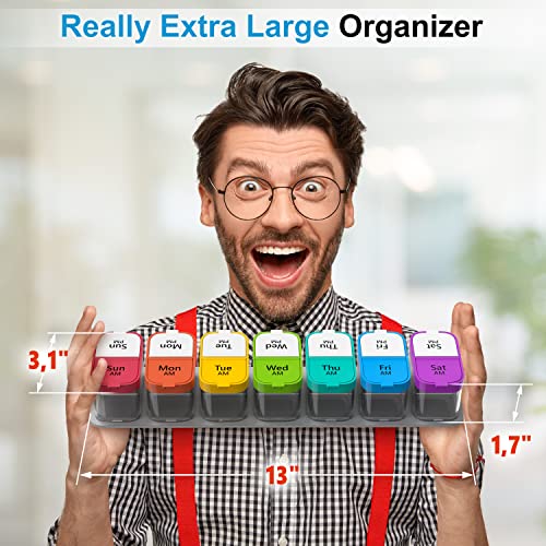 Extra Large Weekly Pill Organizer - XL Daily Pill Box - 7 Day Am Pm Jumbo Pill Case/Container for Supplements Big Pill Holder Twice A Day Oversized Daily Medicine Organizer for Vitamins