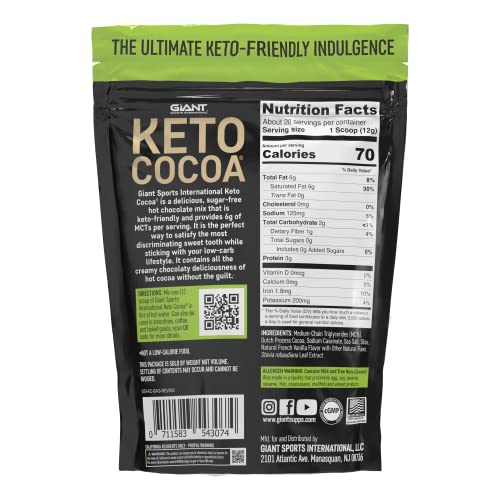 Keto Cocoa | Delicious Sugar Free Instant Hot Chocolate Mix with 6g of MCTs for Ketogenic Diet Low Carb Lifestyle | No Gluten | 20 Servings