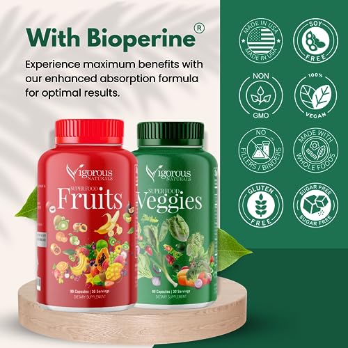 Vigorous Naturals Fruits and Veggies Supplement - Whole Produce Fruit and Vegetable Supplement Dietary Superfood Vitamins for Men, Women - Fruit and Veggie Supplements with 90 Capsules, (2 pack)