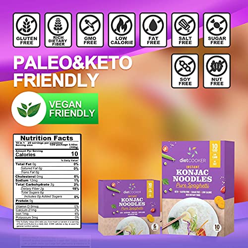 (Pack of 6) DIET COOKER Premium Konjac Noodles, Shirataki Noodle, Keto & Vegan Friendly, Odor Free, Low Calorie Pasta, Zero Net Carbs, Healthy Diet Food 9.52 Ounce (Spaghetti)