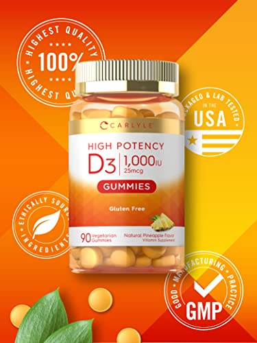 Carlyle Vitamin D3 1000iu Gummies | 90 Count | Vegetarian, Non-GMO, and Gluten Free Vitamin D Supplement | Natural Pineapple Flavor