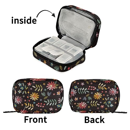 Flowers Travel Pill Organizer Case 7 Day Pill Box Holder Large Daily Medicine Organizer for Vitamins Medication Fish Oil Supplements