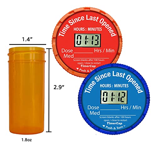 TimerCap Automatically Displays Time Since Last Opened - Built-in Stopwatch Smart Pill Bottle Cap Medication Reminder Case (Qty 2-1.8 oz Amber Bottles) EZ-Twist