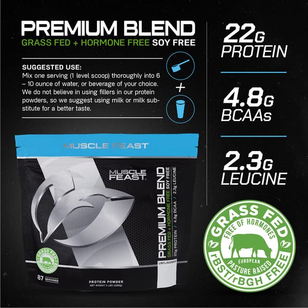 Muscle Feast Premium Grass Fed Whey Protein Powder Blend | 100% All Natural, Hormone Free, Vegetarian Protein | Whey Isolate, Hydrolyzed Protein, Micellar Casein | 22g Protein, 101 Calories | Unflavored 5lb | 87 Servings