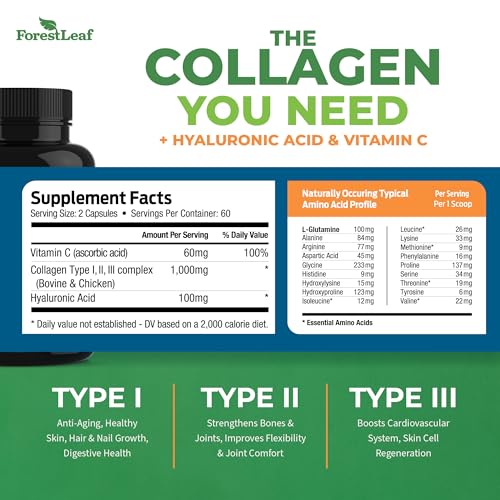 ForestLeaf Multi Collagen Pills with Hyaluronic Acid + Vitamin C | Hydrolyzed Collagen Supplements for Women or Men | Multi Collagen Capsules Peptides for Skin, Wrinkles, Weight Management, 120 Caps