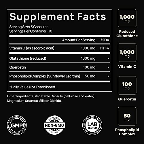 ELMNT 2150mg Super Antioxidant Liposomal Glutathione Supplement w. Vitamin C, Quercetin & Reduced L Glutathione 1000mg - Proven Complex for Best Absorption, Detox, Skin Glow + Immune - 90 Pills