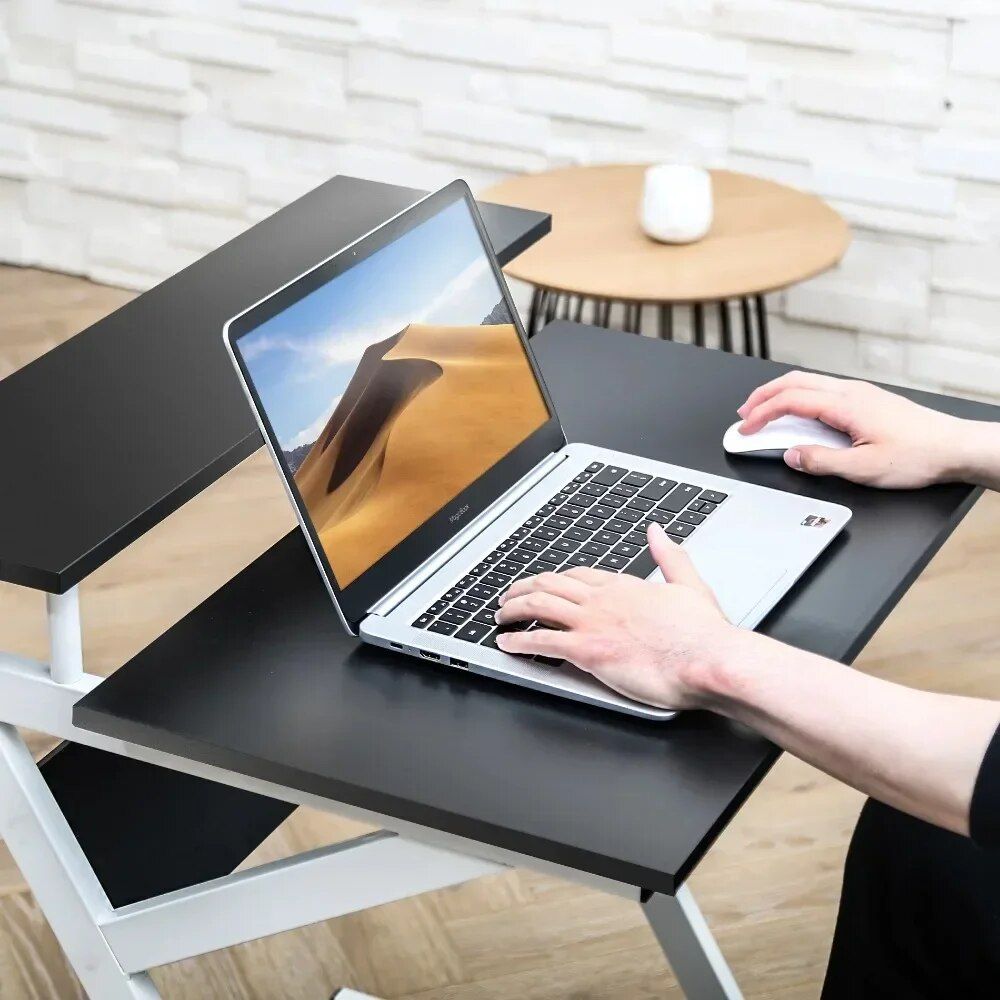 Compact Modern Z-Shaped Computer Desk with Monitor Shelf for Small Spaces