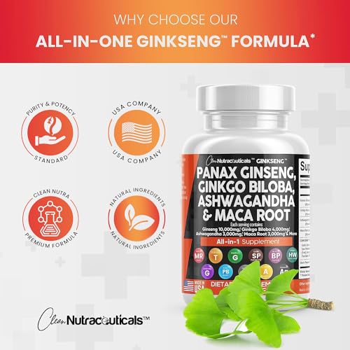 Panax Ginseng 10000mg Ginkgo Biloba 4000mg Ashwagandha Maca Root 3000mg - Focus Supplement Pills for Women and Men with Pine Bark Extract, Garlic, and Saw Palmetto - Made in USA Brain Health 60 Caps