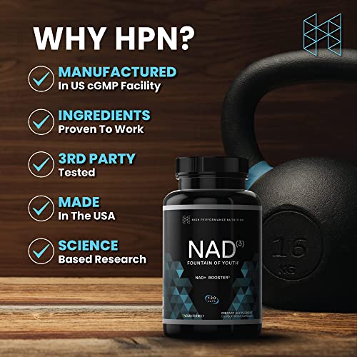 HPN Supplements NAD3 NAD+ Booster | Value Size 2 Month Supply | Clinically Proven & Independently Tested - Metabolic Repair | 311 mg per Serving - 120 Capsules