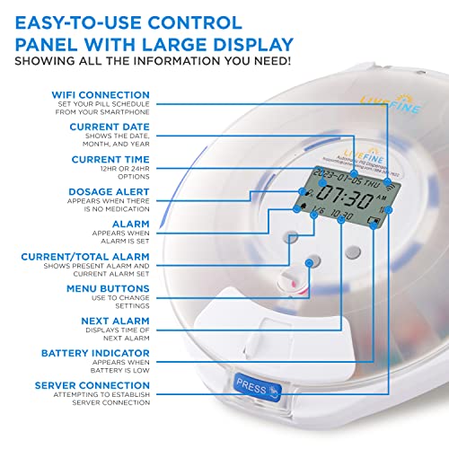 LiveFine Smart WiFi Automatic Pill Dispenser Frosted Lid | 28-Day Medication Organizer Up to 9 Doses Per Day for Care Monitoring with Lock Key, Light/Sound Alarms for Prescriptions & Vitamins