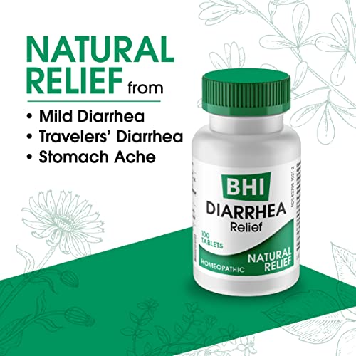 BHI Diarrhea Relief Fast-Acting Natural Remedy for Mild Diarrhea 8 Soothing Homeopathic Actives Help Calm Stomach Pain Gas Indigestion & Cramps for Women & Men - 100 Tablets