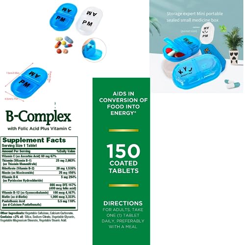 Nature's Bounty Super B Complex with Vitamin C & Folic Acid,150 Tablets - Bundle with PurelyRooted Vitamin D3 50,000 IU 90-Day Supply for Energy, Bone & Muscle Support - Bonus 1 AM/PM Mini Pill Case.