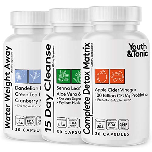 3pk Detox Cleanse Kick Off Weight Management | Colon Cleanser + Water Loss Pills w Dandelion + ACV Full Body Detox + Probiotics | For Flat Stomach, Waistline, Metabolism, Bloating – 90 Pills