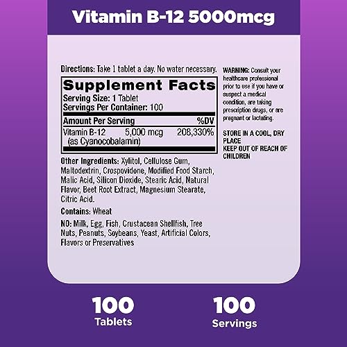 Natrol Vitamin B-12 5000mcg, Dietary Supplement for Energy and Healthy Nervous System Support, 100 Strawberry-Flavored Fast Dissolve Tablets, 100 Day Supply