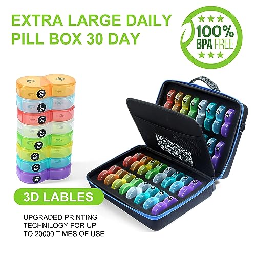 Monthly Pill Organizer Box 2 Times a Day, Monthly Pill Box AM PM with 32 Daily Pocket Case, Traval Pill Box with Portable Hard Case, Extra Large Medicine Box Holds Vitamin, Cod Liver Oil & Supplement