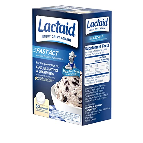 Lactaid Fast Act Lactose Intolerance Chewables with Lactase Enzymes, Vanilla, 60 Count (Pack of 1)