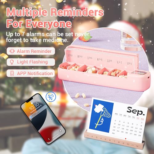 Daviky Smart Pill Organizer with Alarm, Bluetooth Daily Once a Day Pill Box 7 Day with APP, Weekly Travel Pill Case, Portable Pill Reminder for Medicines, Supplements and Vitamins (Pink)