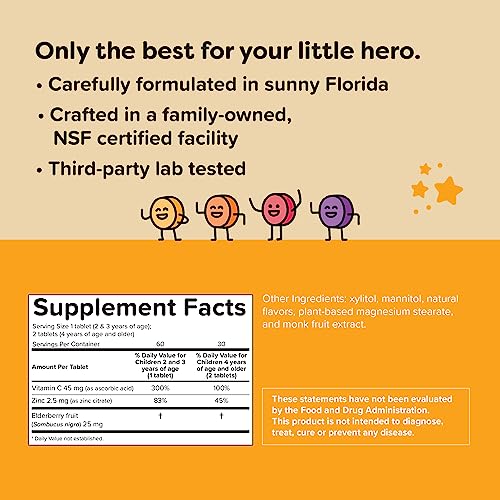 Renzo's Kids Vitamin C with Elderberry & Zinc for Immune Support, Vegan Vitamin C for Kids, Zero Sugar, Non-GMO, Oh-Oh-Oh Orange Flavor, Easy to Take Chewable Vitamin C Tablets, [60 Melty Tabs]