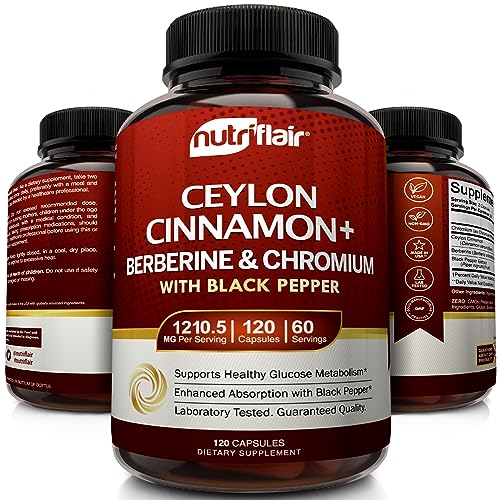 NutriFlair Ceylon Cinnamon, Berberine HCL, Chromium, Black Pepper Extract (Made with True Ceylon Cinnamon) - 1200mg per Serving, 120 Capsules - Best Glucose Metabolism and Antioxidant Combo Pills