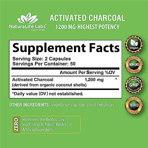 Activated Charcoal Capsules - 1,200 mg Highly Absorbent Helps Alleviate Gas & Bloating Promotes Natural detoxification Derived from Coconut Shells - per Serving - 100 Vegan Capsules