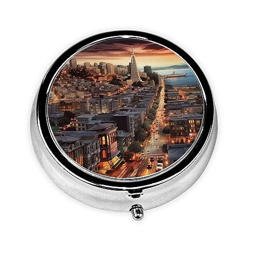 san Francisco Print Round Pill Box 3 Compartment Medicine Pill Case Portable Pill Container for Daily Medicine Supplement Vitamin