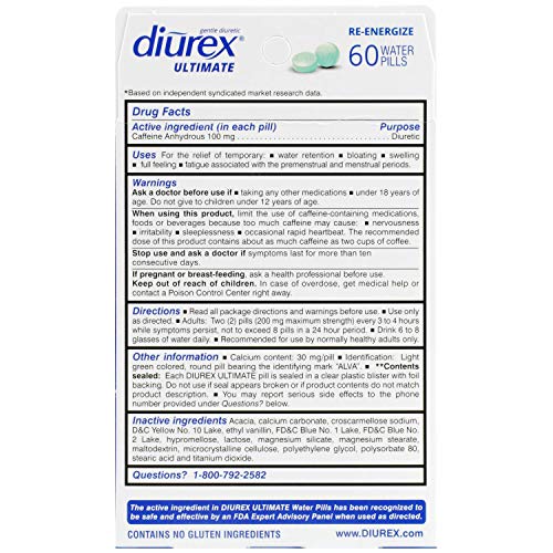 Diurex Ultimate Re-Energizing Water Pills - Maximum Strength Diuretic - Relieve Water Bloat - 60 Count