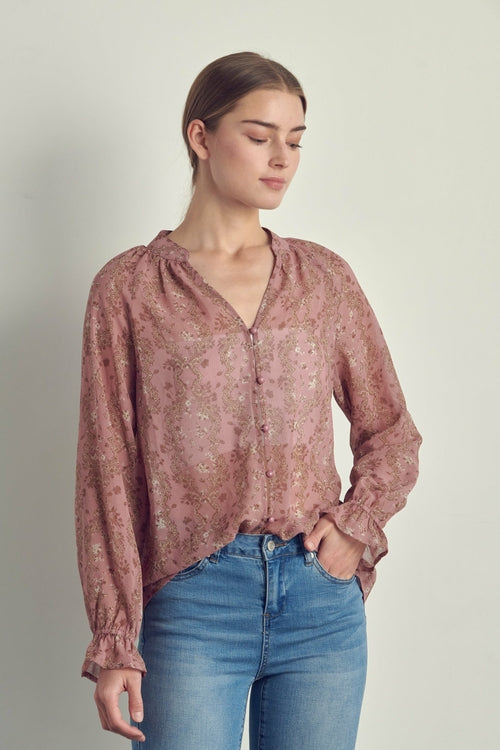 Mandarin collared long sleeve blouse