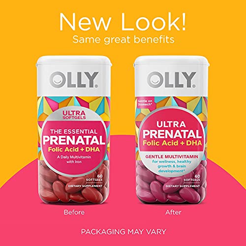 OLLY Ultra Strength Prenatal Multivitamin Softgels, Supports Healthy Growth, Brain Development, Iron, Folic Acid, DHA, Vitamins C, E, 30 Day Supply-60 Count (Packaging May Vary)