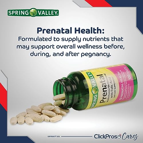 Spring Valley Prenatal Multivitamin/Multimineral for Pregnant and Nursing Women Dietary Supplement Tablets, 100 Count 3 Pack Bundle (300 Total) - Includes Vitamin Guide and Pill Container (5 Items)!