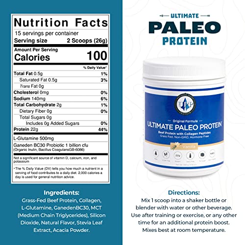 Ultimate Paleo Protein Powder | Premium Grass Fed Beef Protein with Collagen Peptides | Paleo Friendly, Gluten Free, Keto Friendly, No Artificial Sweeteners or Preservatives - Vanilla, 30 Servings